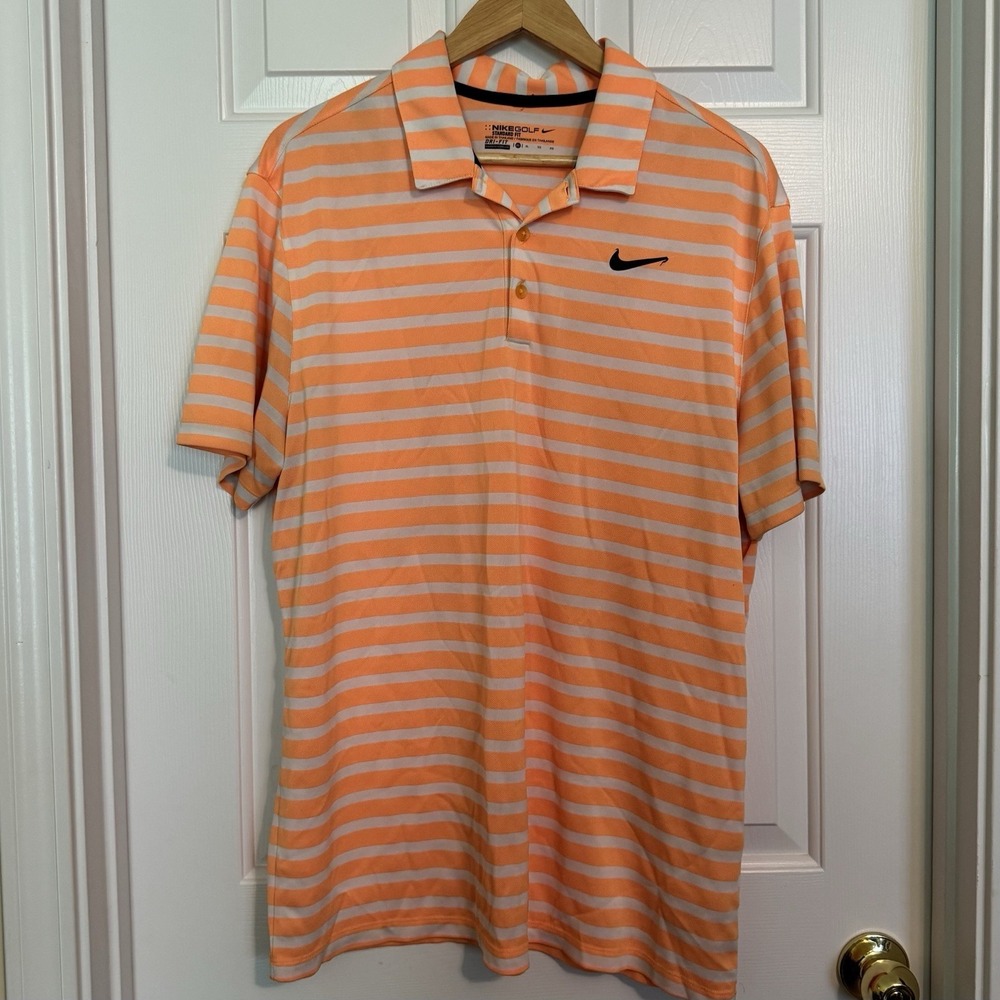 Nike Golf Polo Shirt Orange White Striped XL Standard Fit Short Sleeve Polyester